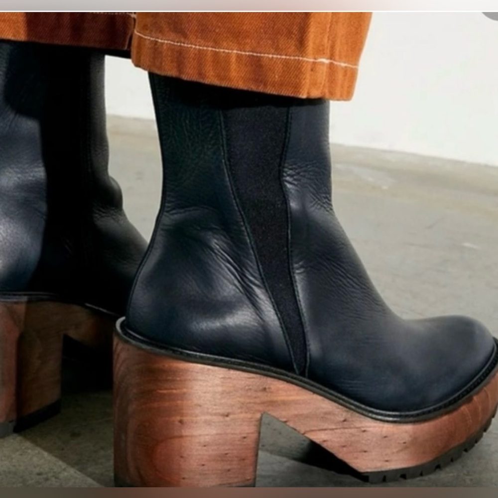 Free People Black Leather Platform Chelsea Boots with Wood-Look Heel